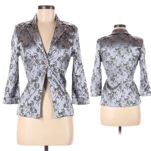 Vintage 90s Y2K La Belle Jacke Silver Floral Embossed Satin Roses Metallic Jrs 5